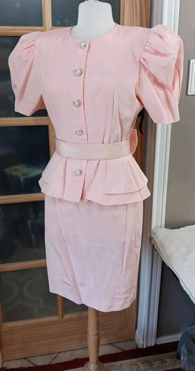 Vintage 80s Skirt Set Pretty In Pink Peplum Belt Bow Puff Sleeve Pantagis Sz 12P
