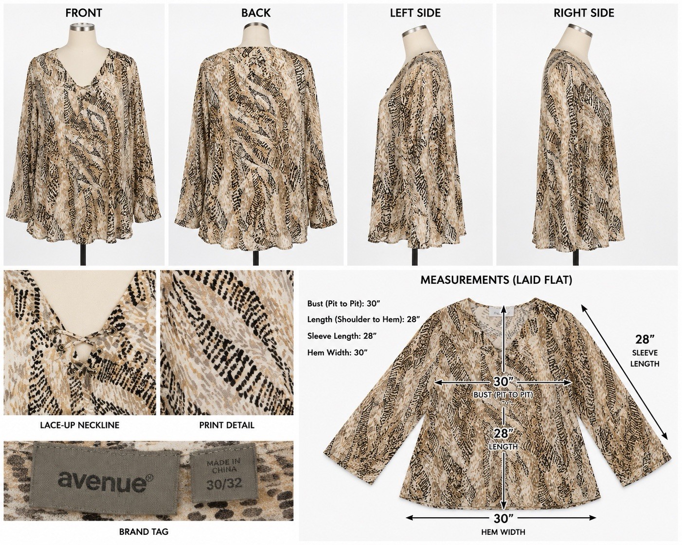 Avenue Size 30/32 Animal Print Lace-Up V-Neck Blouse Plus Size 4X Neutral Tunic