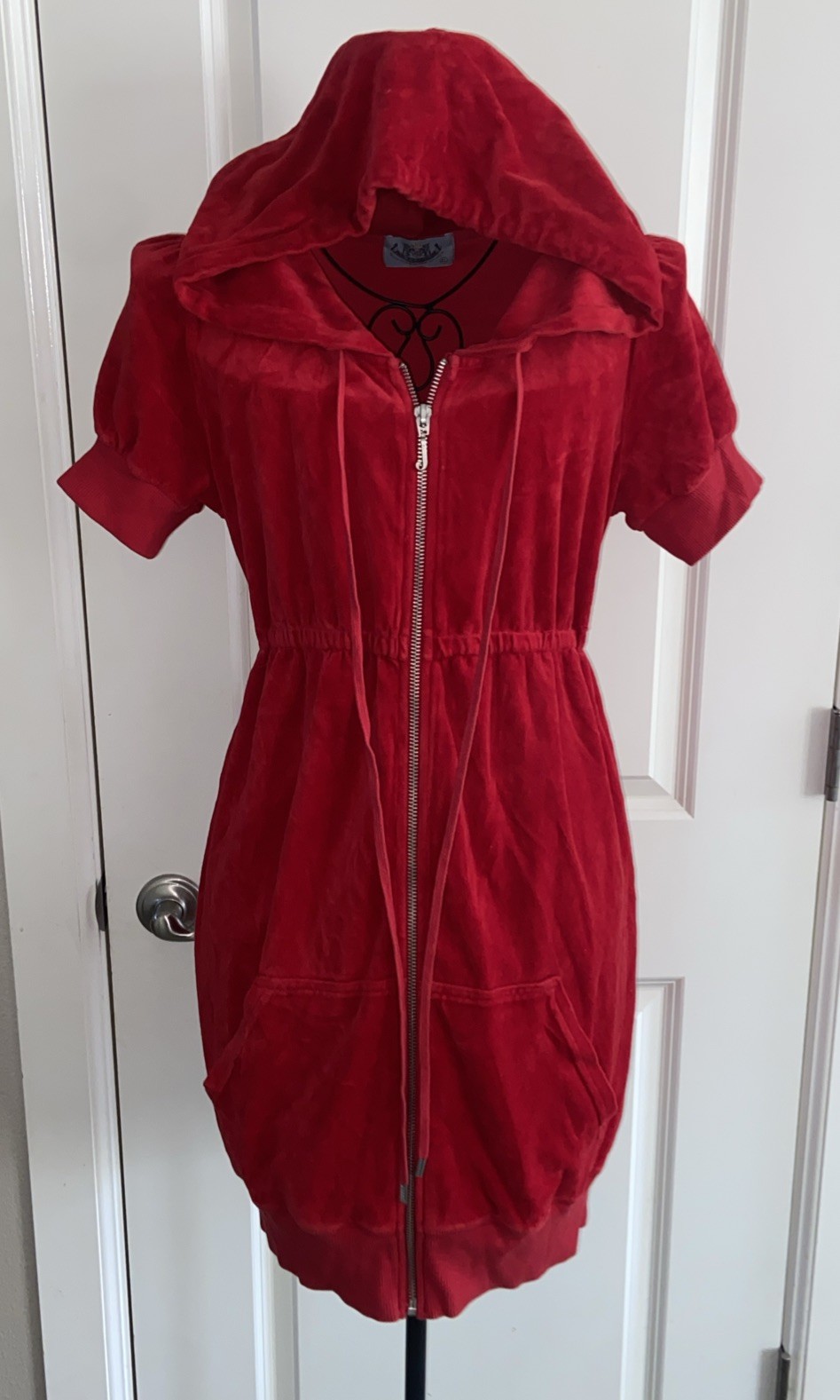 Y2K Juicy Couture Velour Red Hoodie Tunic Tie Bow Waist Long Dress Sz XL RARE