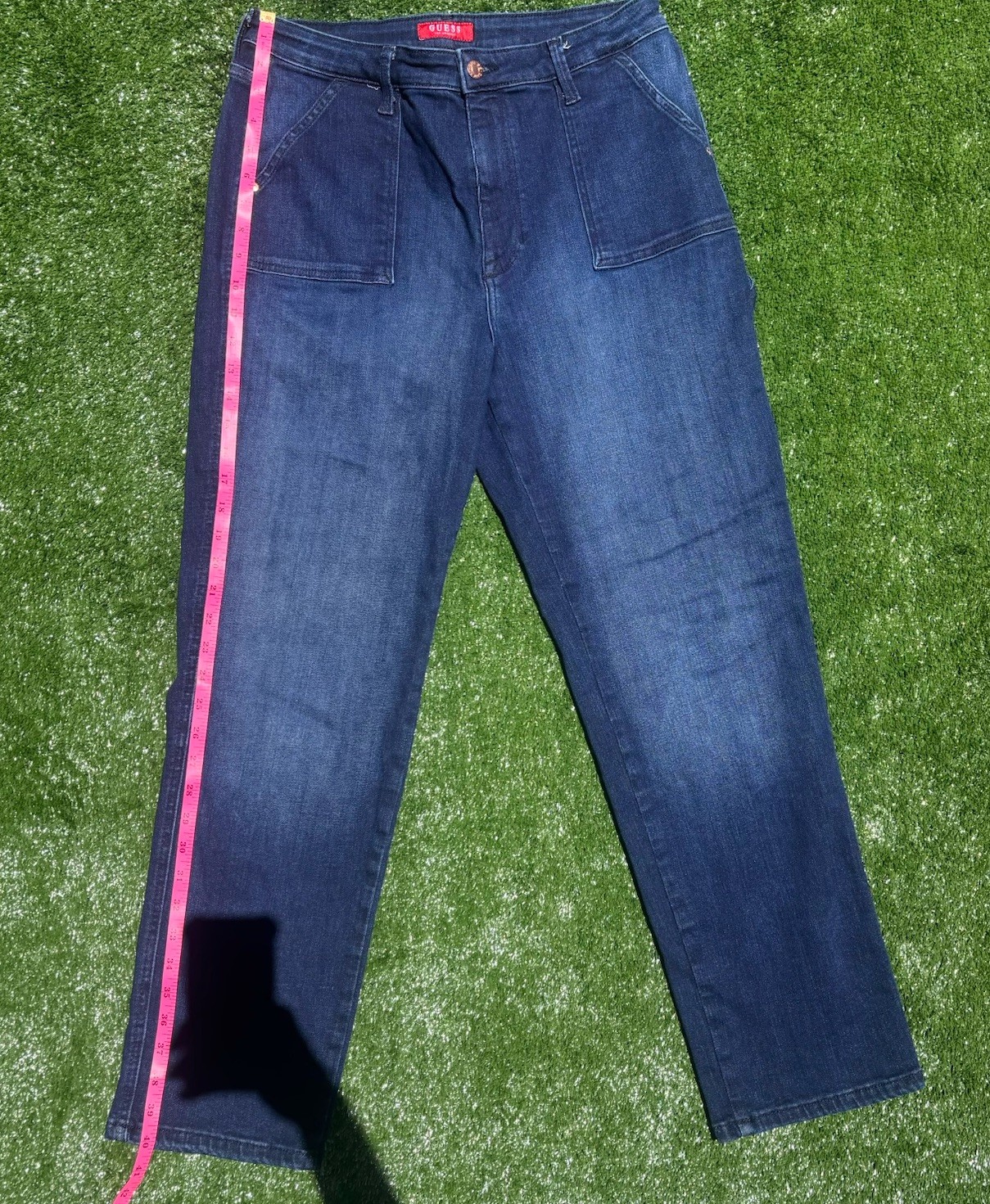 GUESS Women’s Dark Wash Blue Denim Mid Rise Regular Fit Straight Cargo Jeans