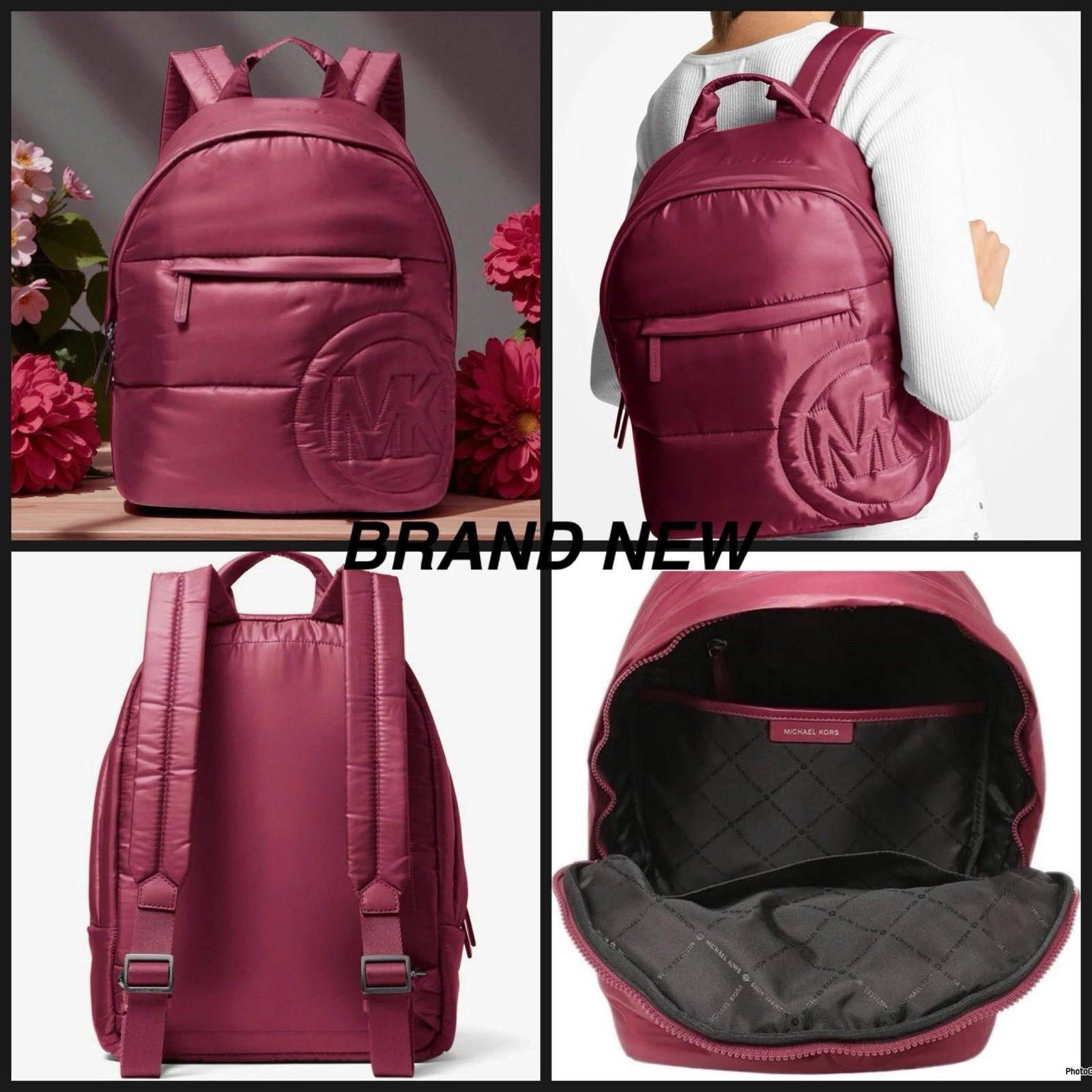 NWB Michael Kors Rae MD Quilted Nylon Burgundy Backpack 35F1U5RB2C Dust Bag FS