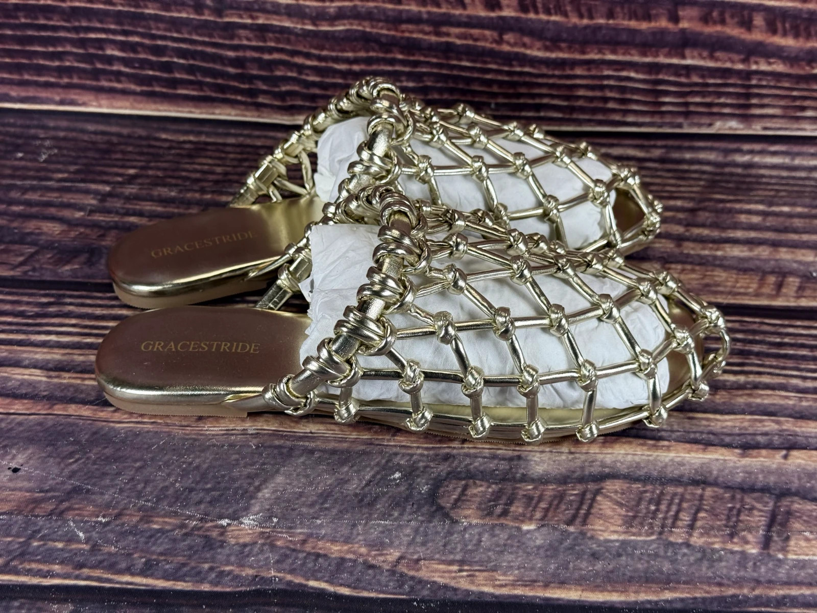 GRACESTRIDE Woven Net Slip On Sandals Women’s Gold Size 8.5 Mules