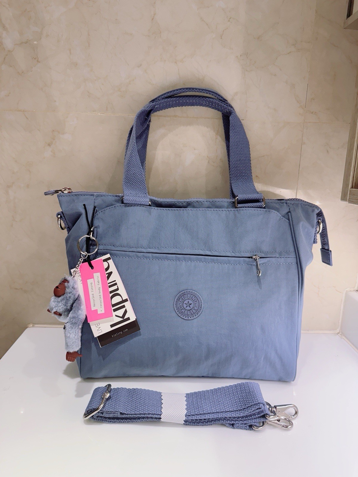 NEW Kipling Light Blue Women’s Tote Bag with Monkey Charm and Detachable Strap