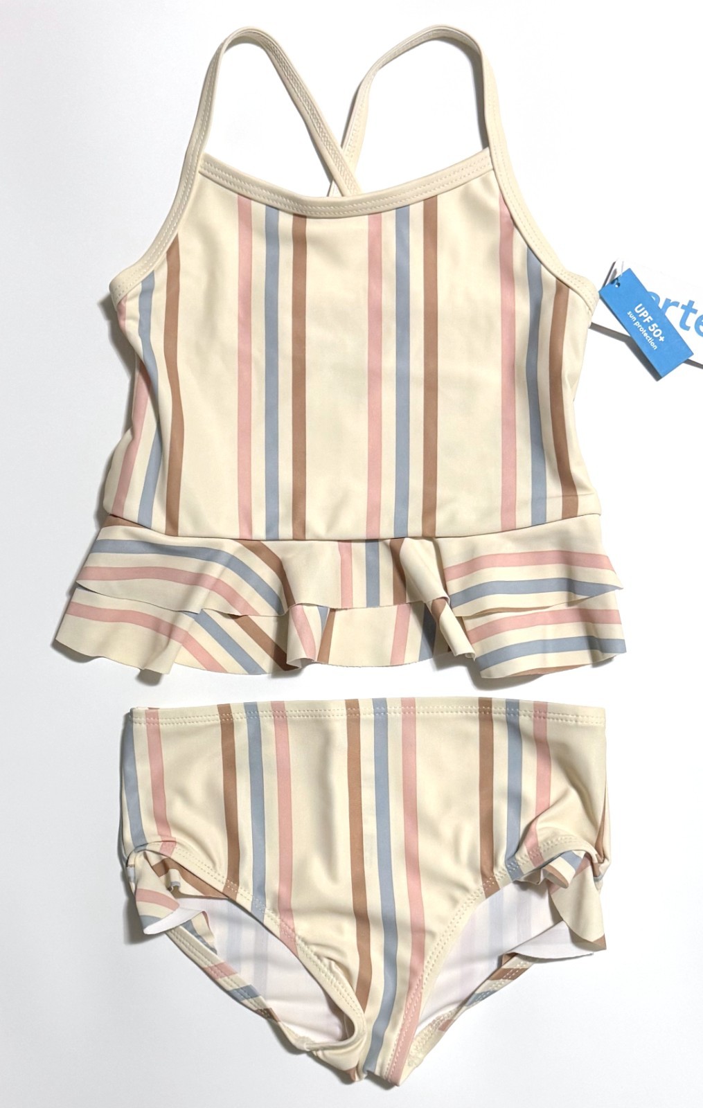 Carter’s $34 Baby Girls Ivory/Pink/Blue/Brown Striped Ruffle Tankini Set 24M NWT