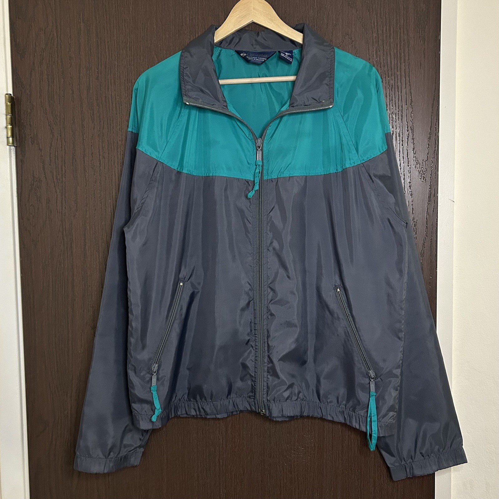 Vintage 80s Columbia Color Block Windbreaker Jacket Mens Medium Nylon Teal Grey