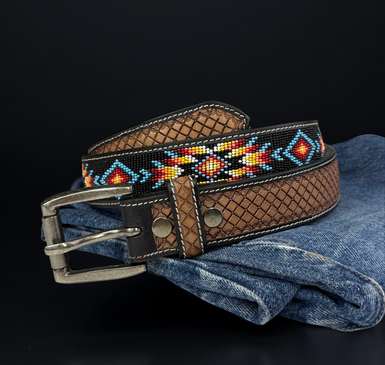 Full Grain Leather Hand Tooled Western Belt Cowboy Rodeo Beaded Removable Buckle
