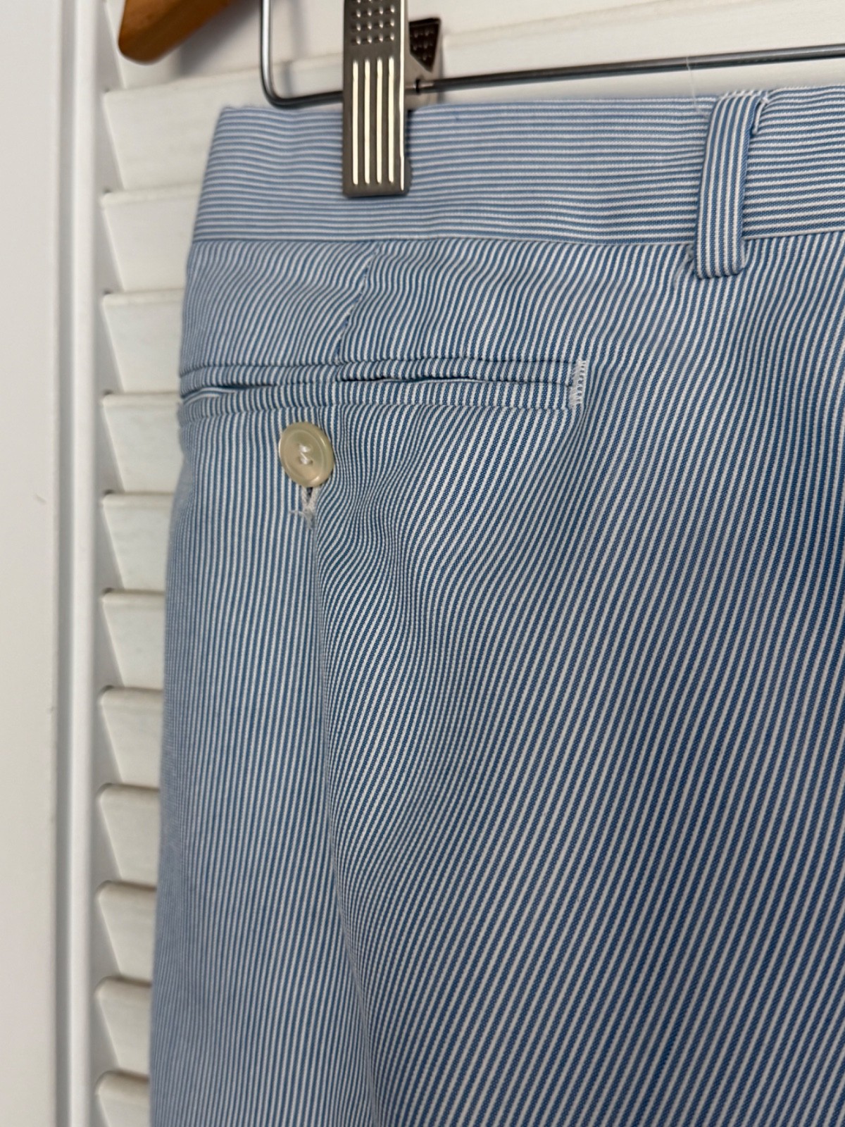 VTG Haspel Seersucker Suit Union Made USA Blue White Pinstripe 32×29 (aprox)