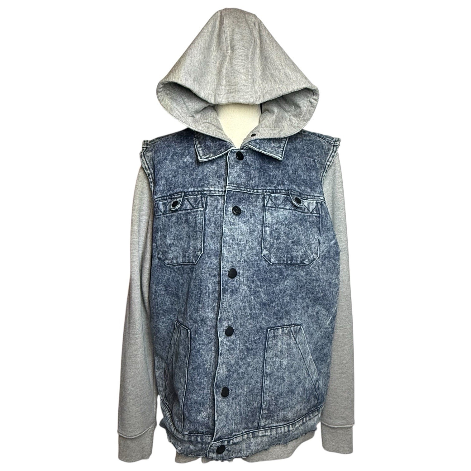 IMKING Hooded Denim Jacket Blue Gray Button Logo Zipper Men’s Size M