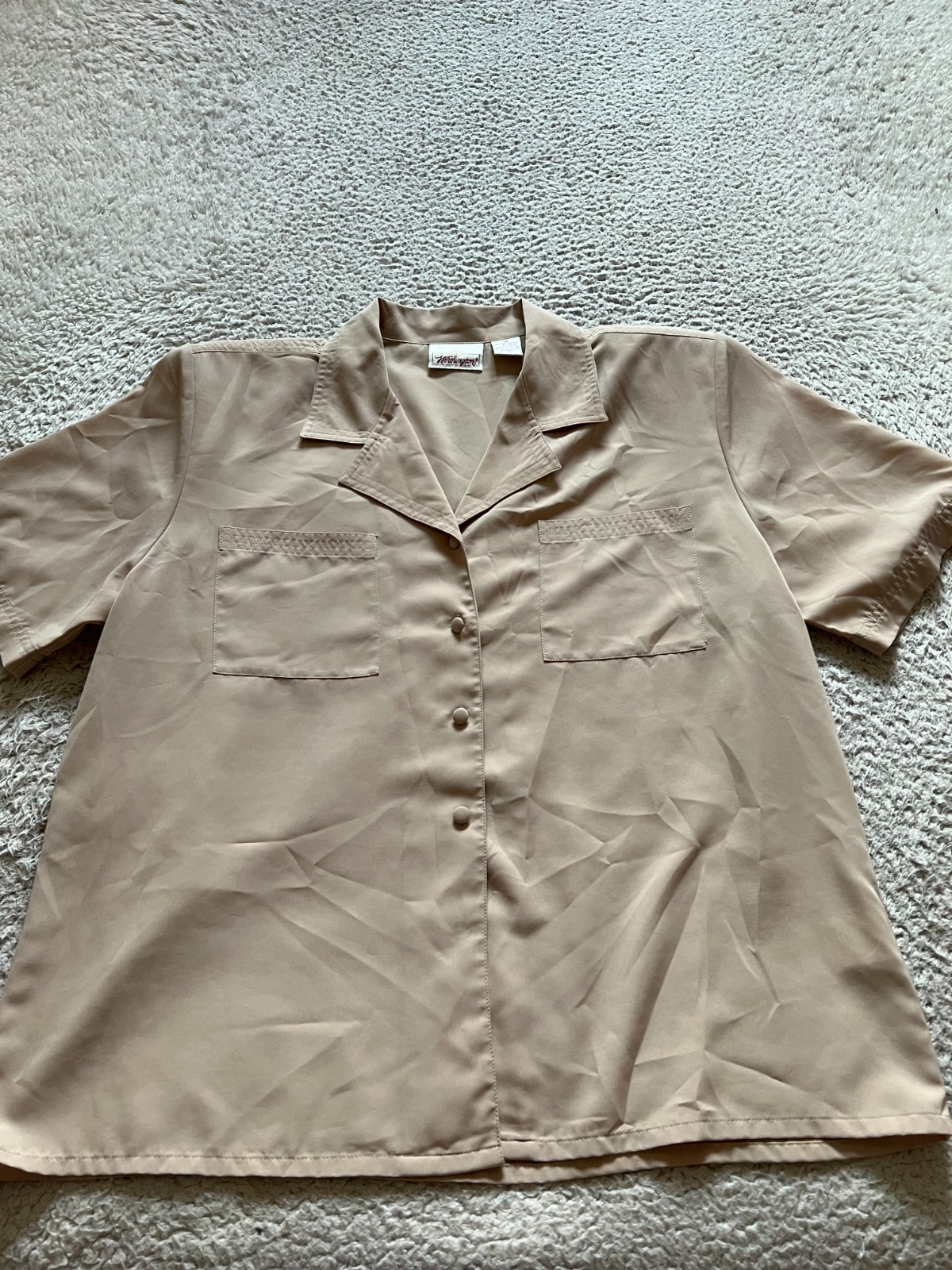 Worthington Women Short Sleeve Shoulder Pads Pockets Button-Up Shirt Tan Size 14
