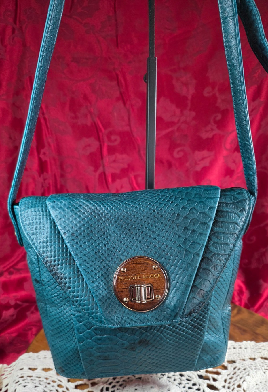 Elliott Lucca Alligator pressed leather bag Teal green Adjustable strap to 24″