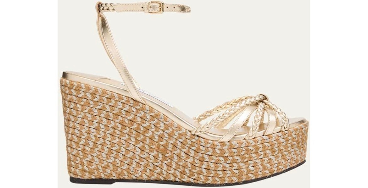 Jimmy Choo Dree 100MM Espadrilles Women US7 EU37 Metallic Soft Gold Wedge Sandal