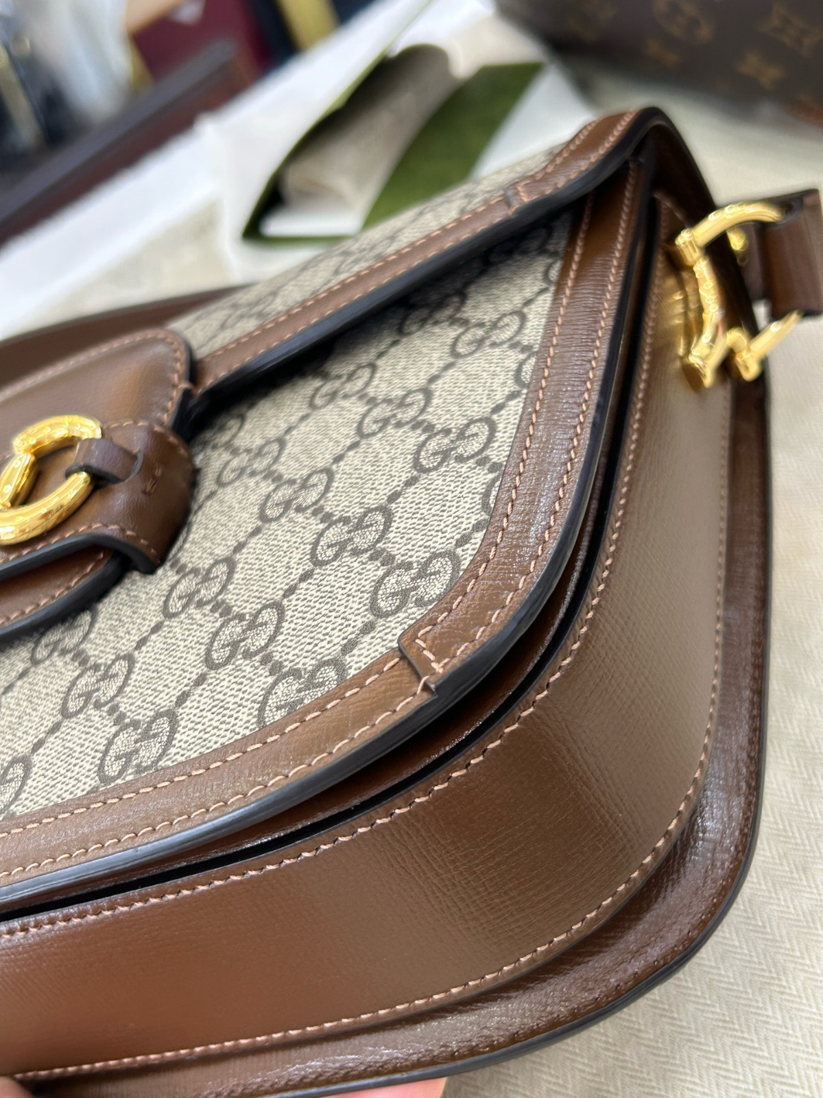 Authentic Gucci Horsebit 1955 GG Supreme Canvas and Leather Shoulder Bag Brown