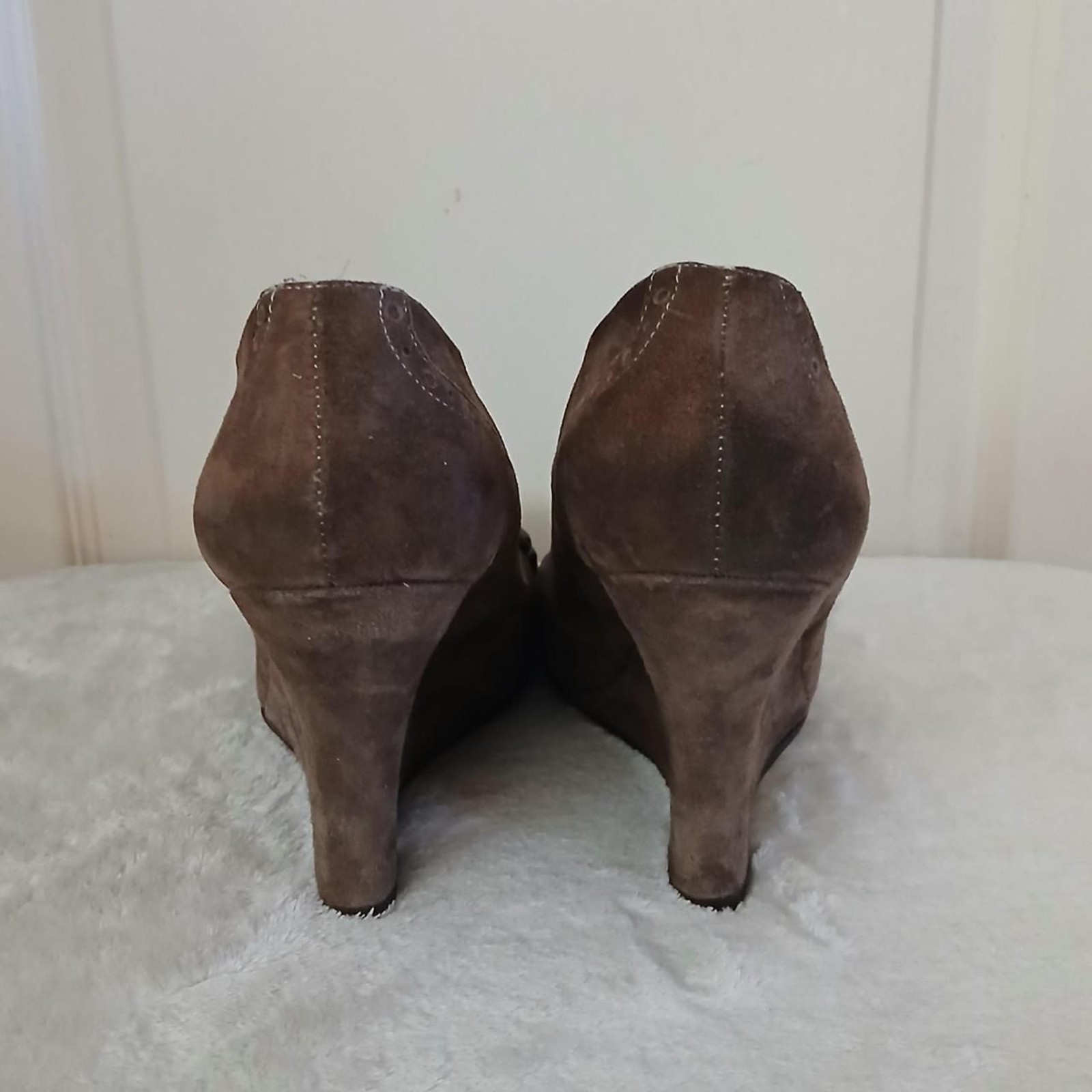 Y2K Style Jessica Bennett Brown Suede Fringe Buckle Wedge Heels Round Toe 9.5