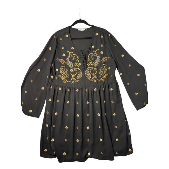 Dex Womens Black Gold Embroidered Paisley Tassel Tie Babydoll Dress Long Sleeve