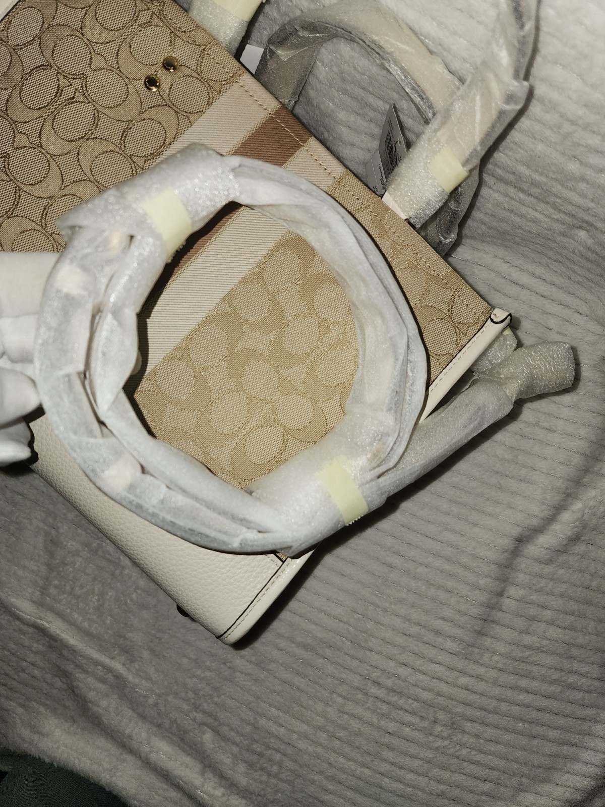 Coach Dempsey Carryall (Style No. C8448)Beige/White Detachable Strap Gold Hrdwre