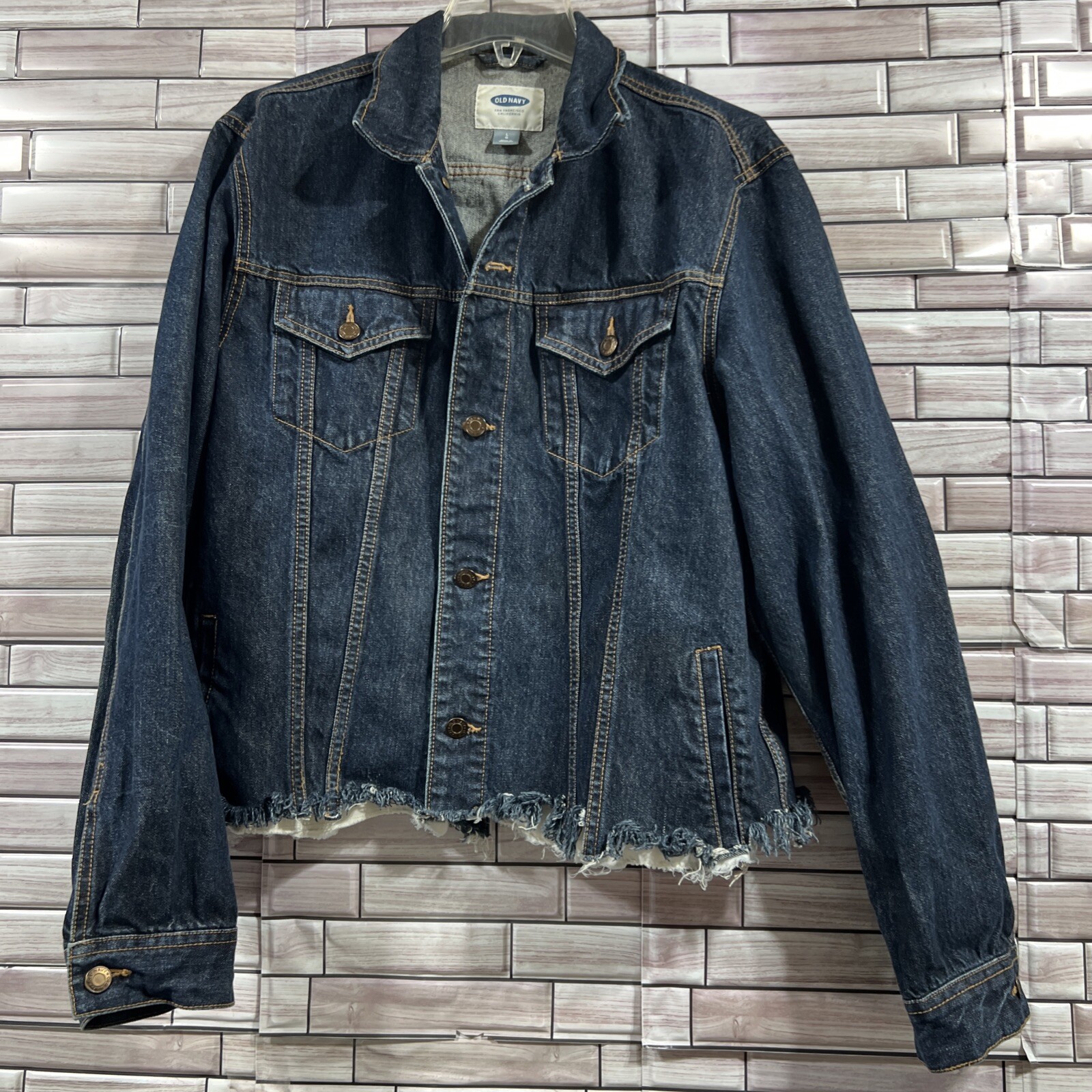 Old Navy women L jacket denim distressed fringe dark blue frayed hem button up