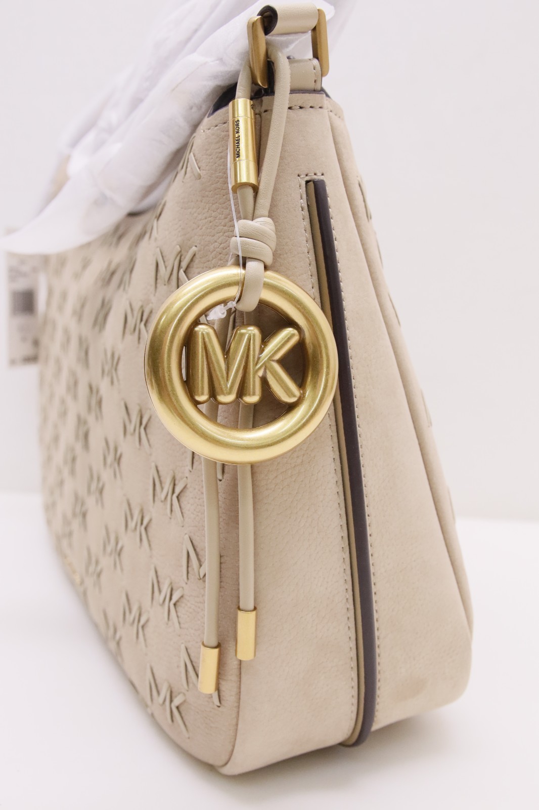 Michael Kors Nolita Medium Whipstitched Logo Leather Shoulder Bag – Khaki – New