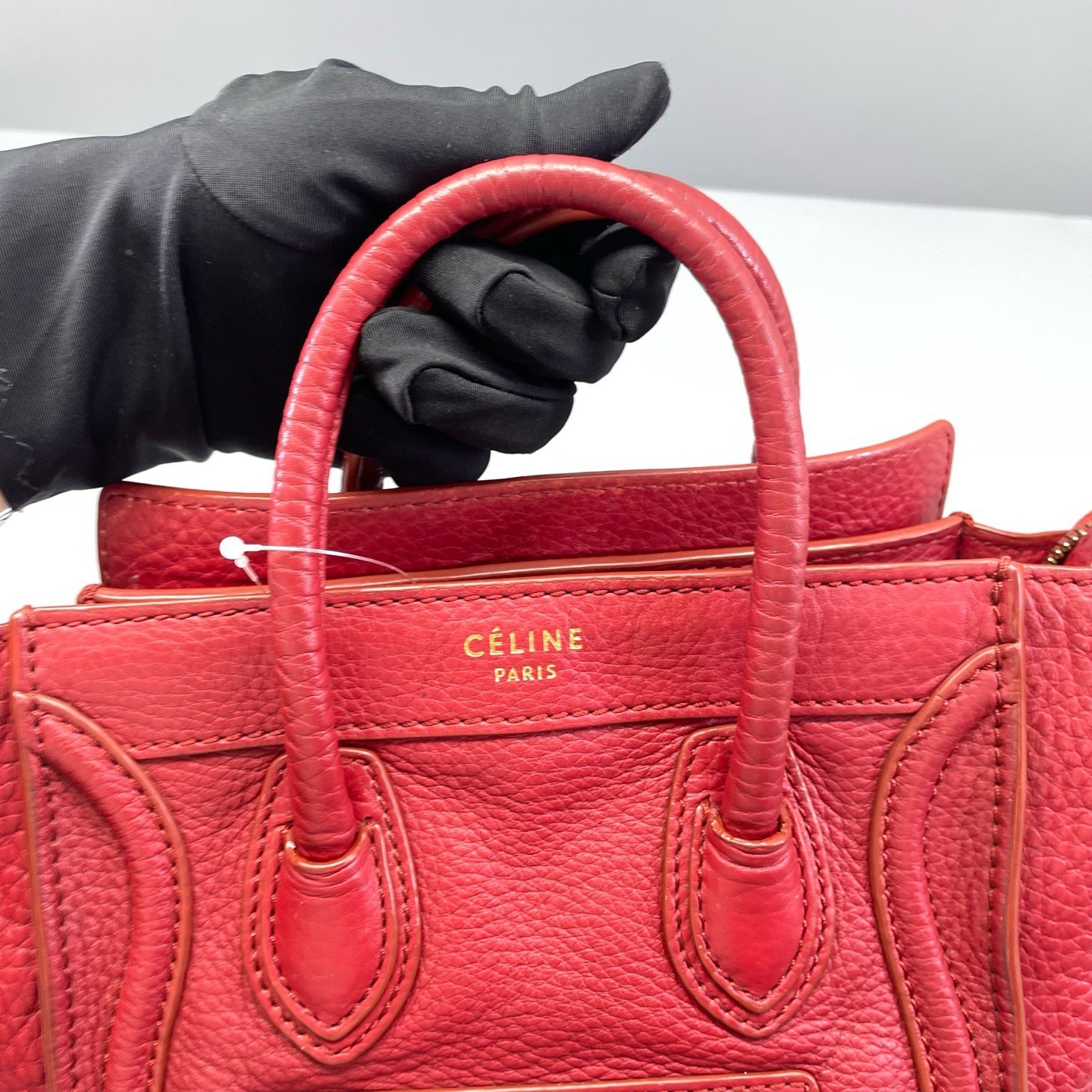 AUTH Celine Luggage Red Pebbled Leather Gold Hardware Handbag Crossbody Bag