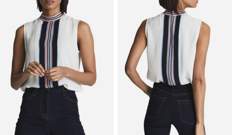 REISS White Blue Black Coral Stripe Pleated High-Neck Sleeveless Tank Top 8 US M