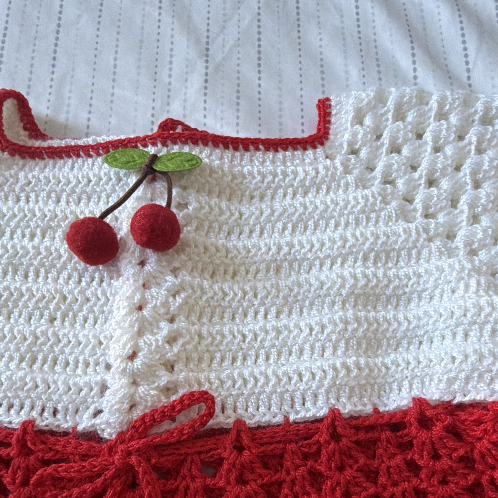 Handmade 18-24M Red/White Crochet Cherry Fit & Flare Party Dress Buttons