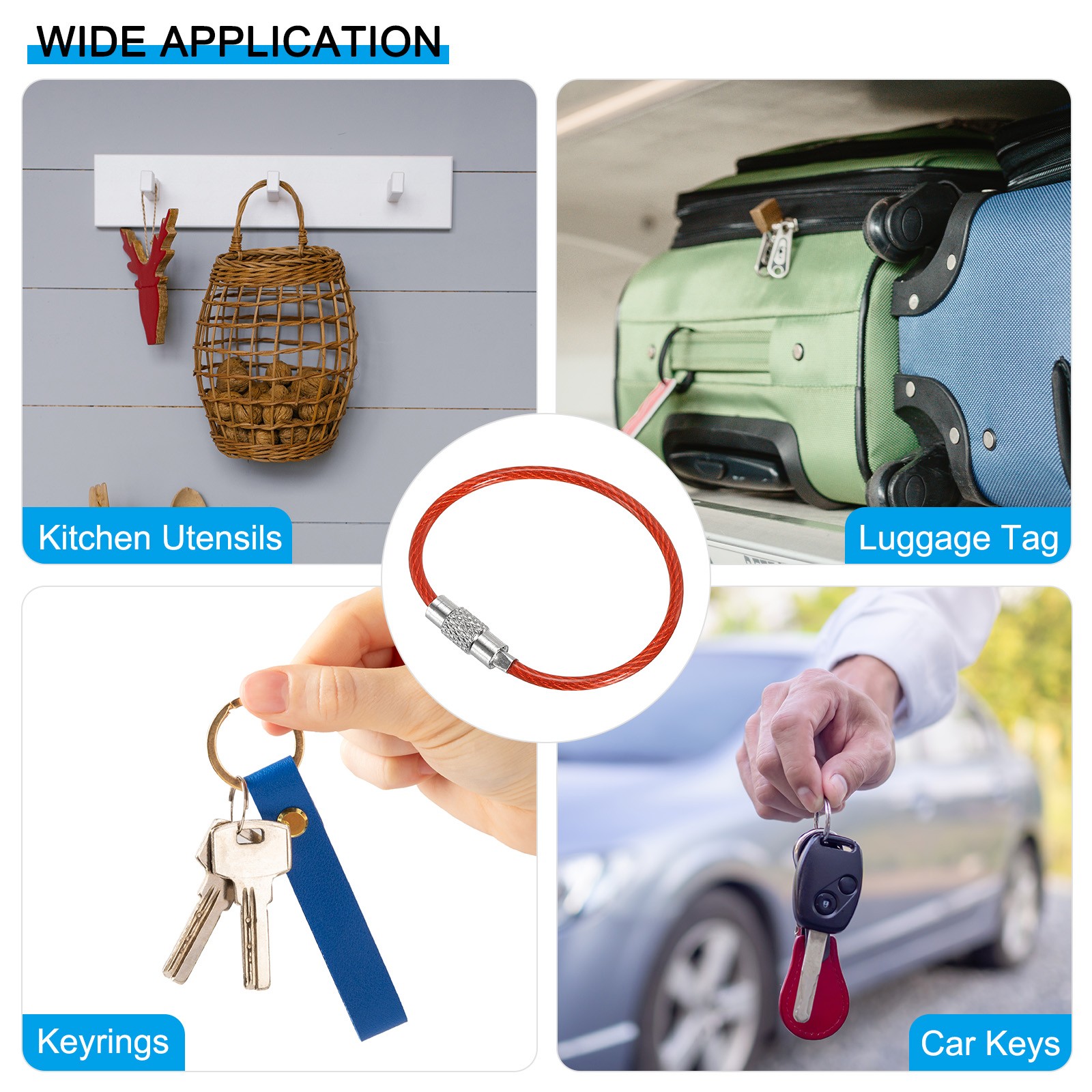 4.3 Inch Wire Keychain Cable, 12 Pack Key Ring Loop, Multicolor