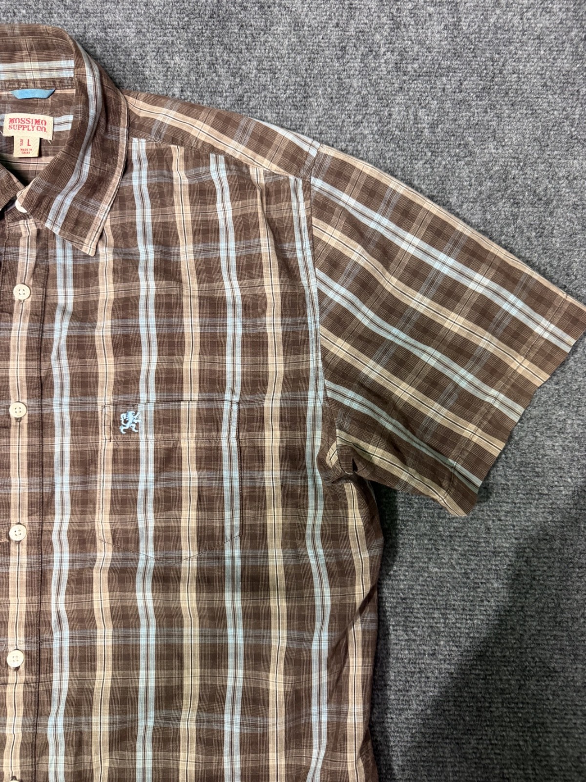Mossimo Supply Co Men’s L Brown Blue Plaid Shirt Short Sleeve Button Up