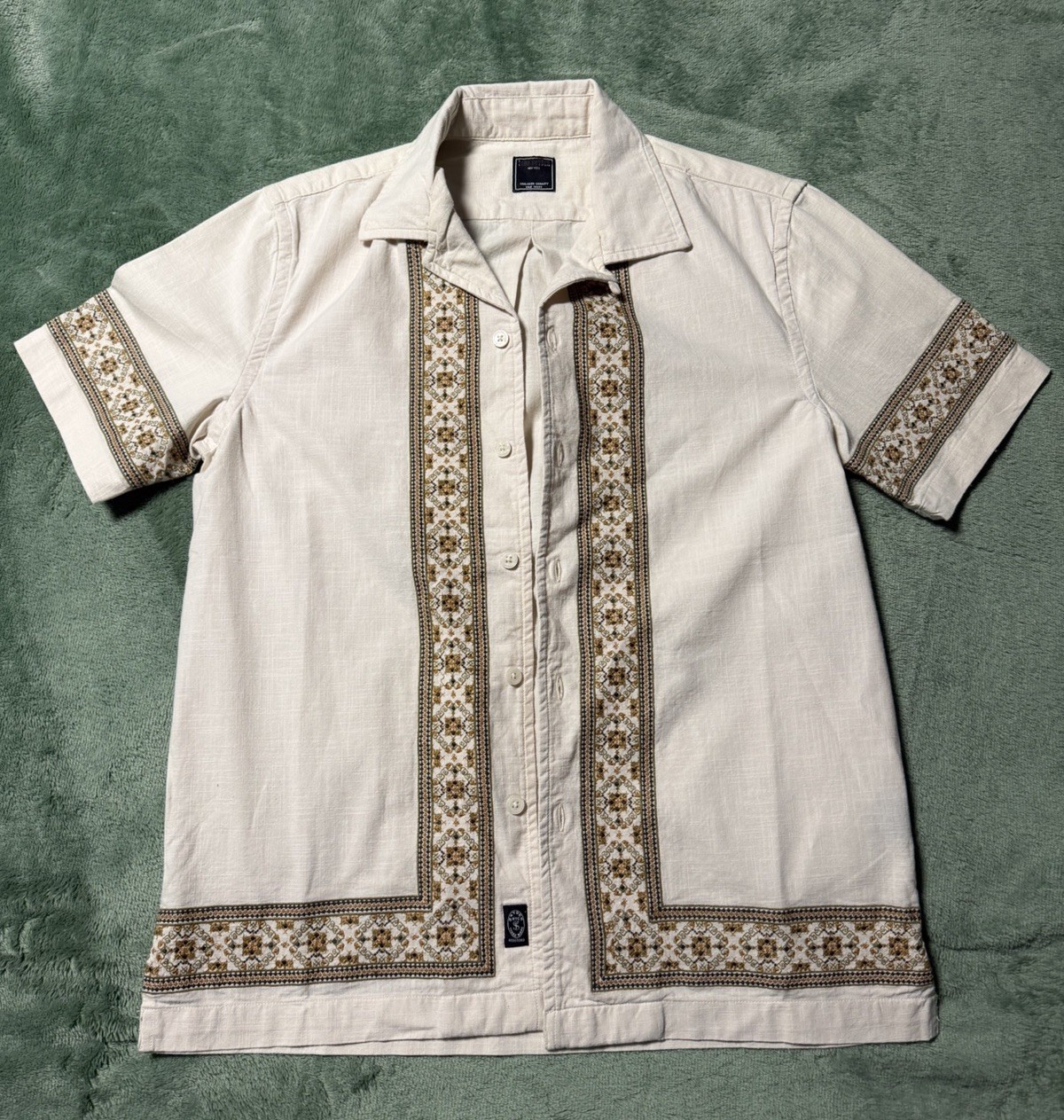 Todd Snyder Mens XS Cream Embroidered Cotton Camp Collar Shirt MSRP $198