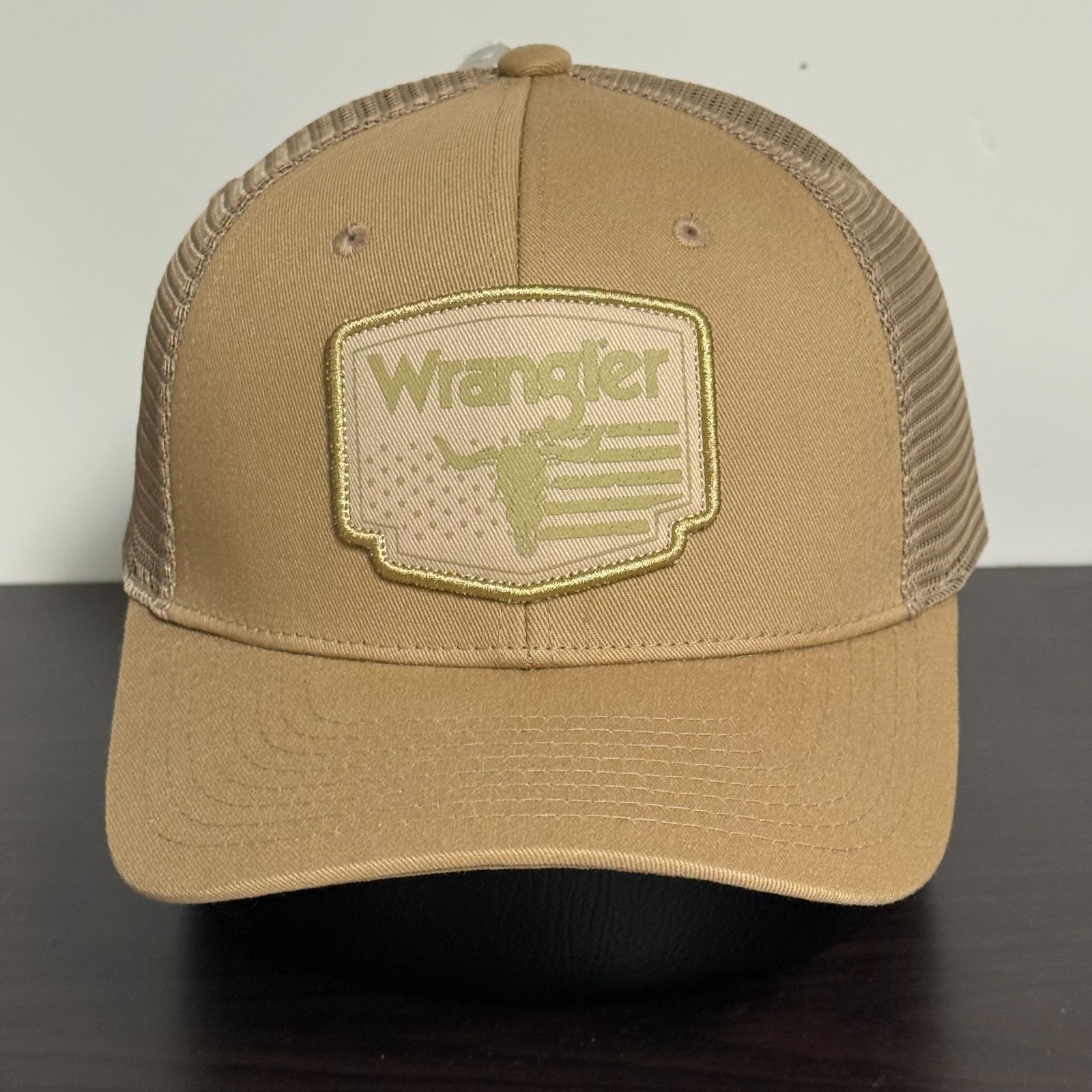 Wrangler Snapback Trucker Hat Beige Adjustable Cap Skull/Flag Logo Patch NEW!