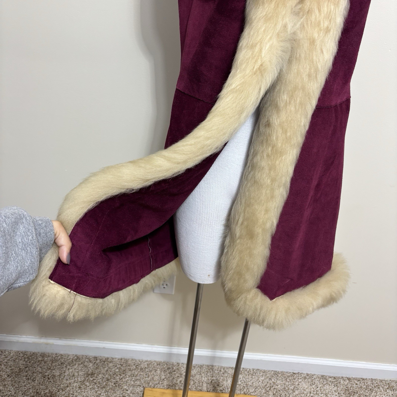 Vtg 60s 70s Penny Lane Burgundy Suede & Lamb Shearling Vest Hippie Afghan Coat S