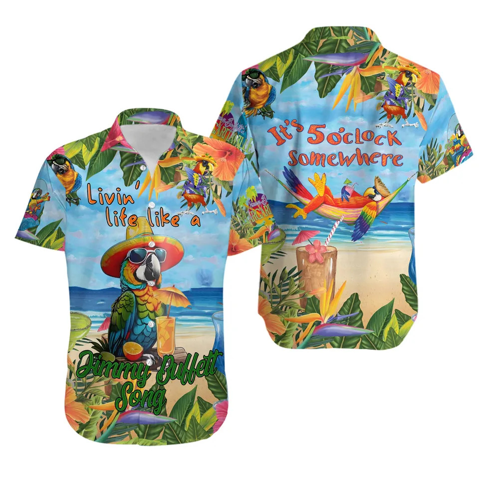 Tropical Parrot Island Music Hawaiian Shirt Men Summer Beach Cocktail Top