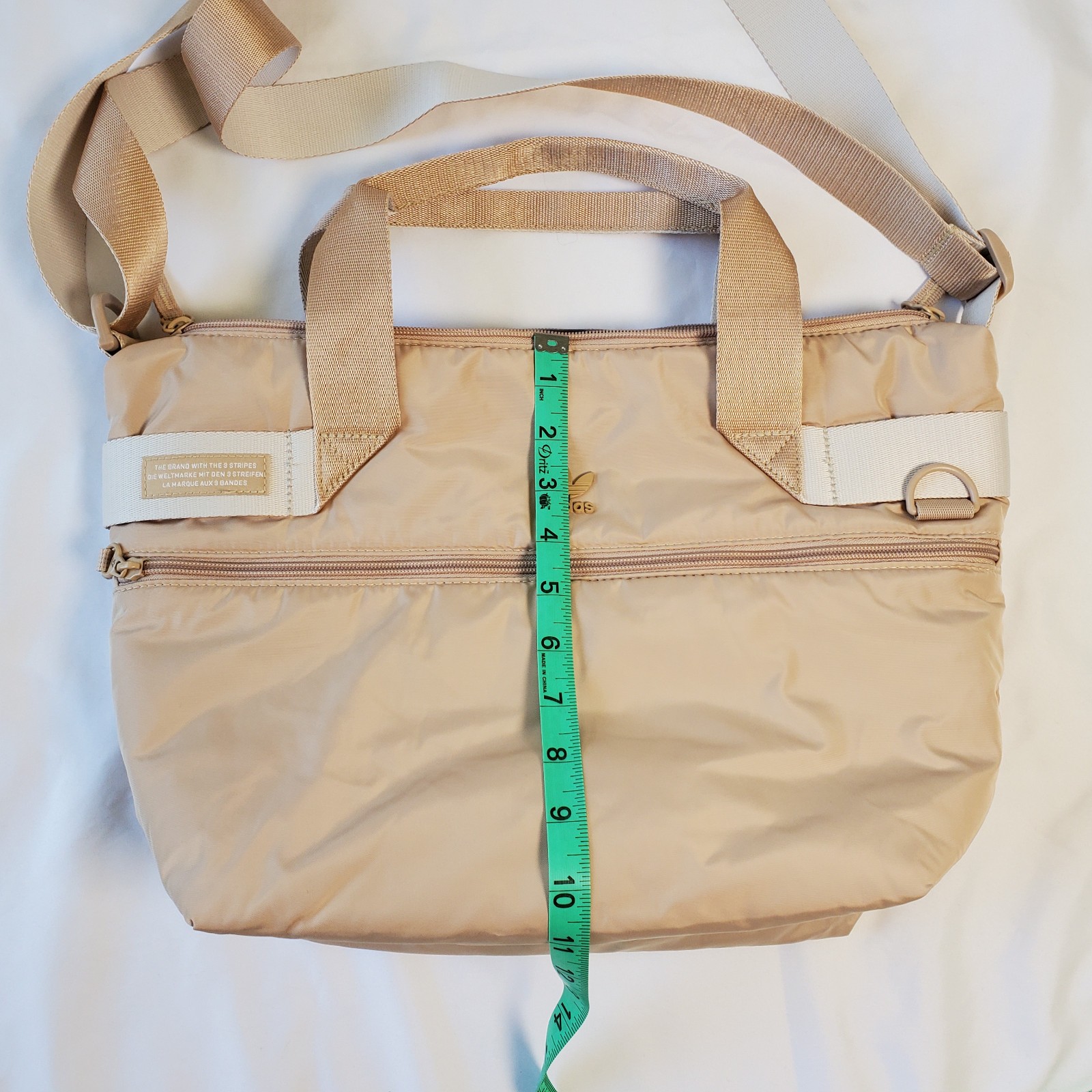 Adidas Stylish Sport Shopper Tote Puffer Travel Gym Bag Tan Beige Zip Top Purse