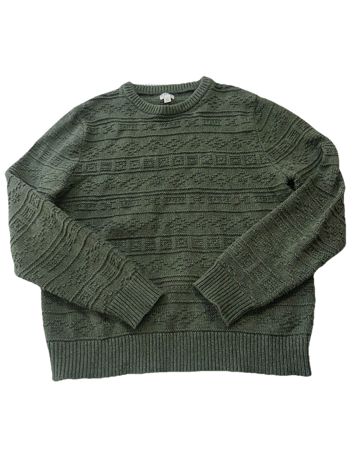 J Crew Men’s XL Cotton Fisherman Sweater Combination Guernsey Stitch Olive 3D
