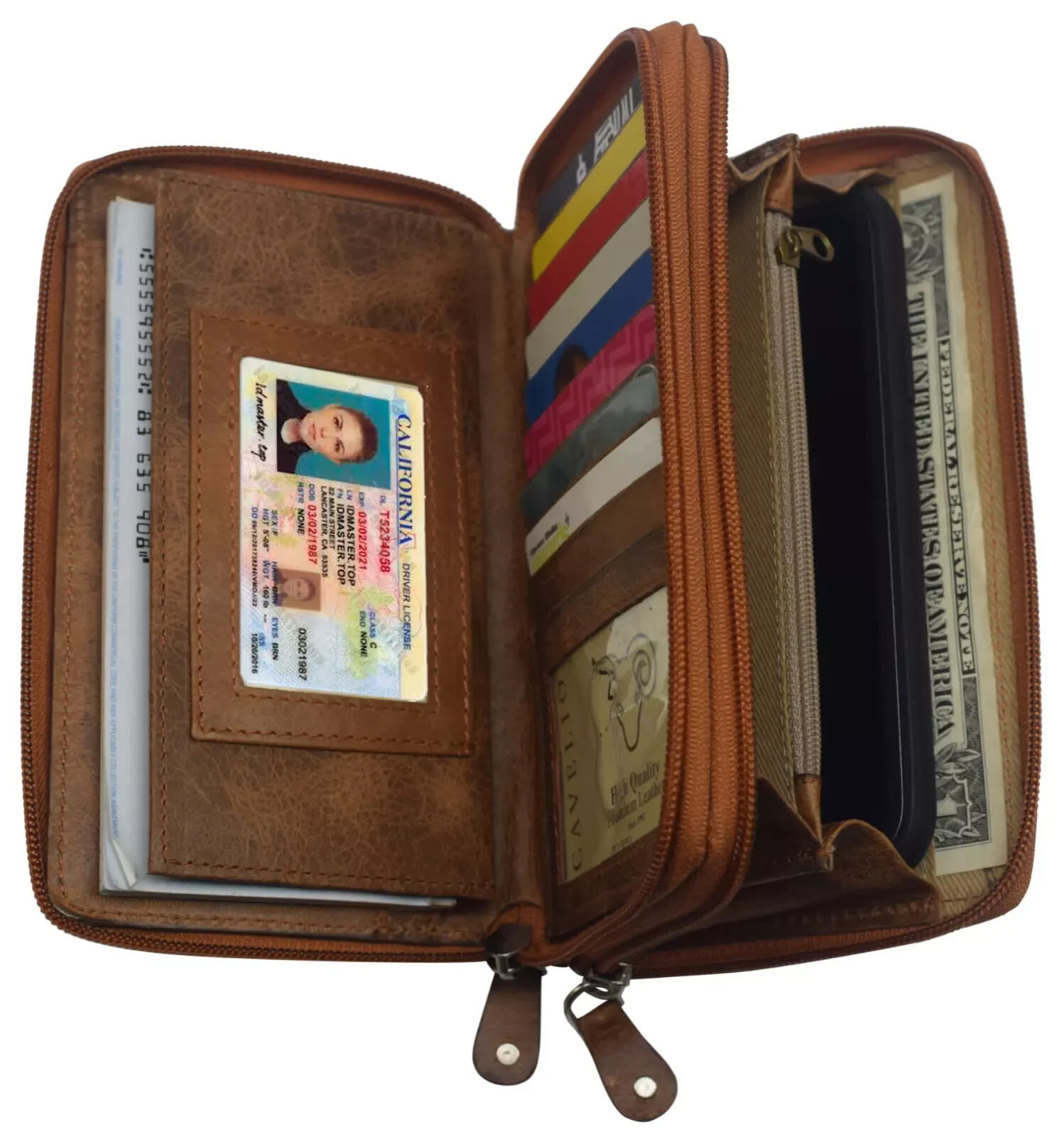 RFID Blocking Genuine Leather Checkbook Secretary Wallet 2 Zipper Card Organizer