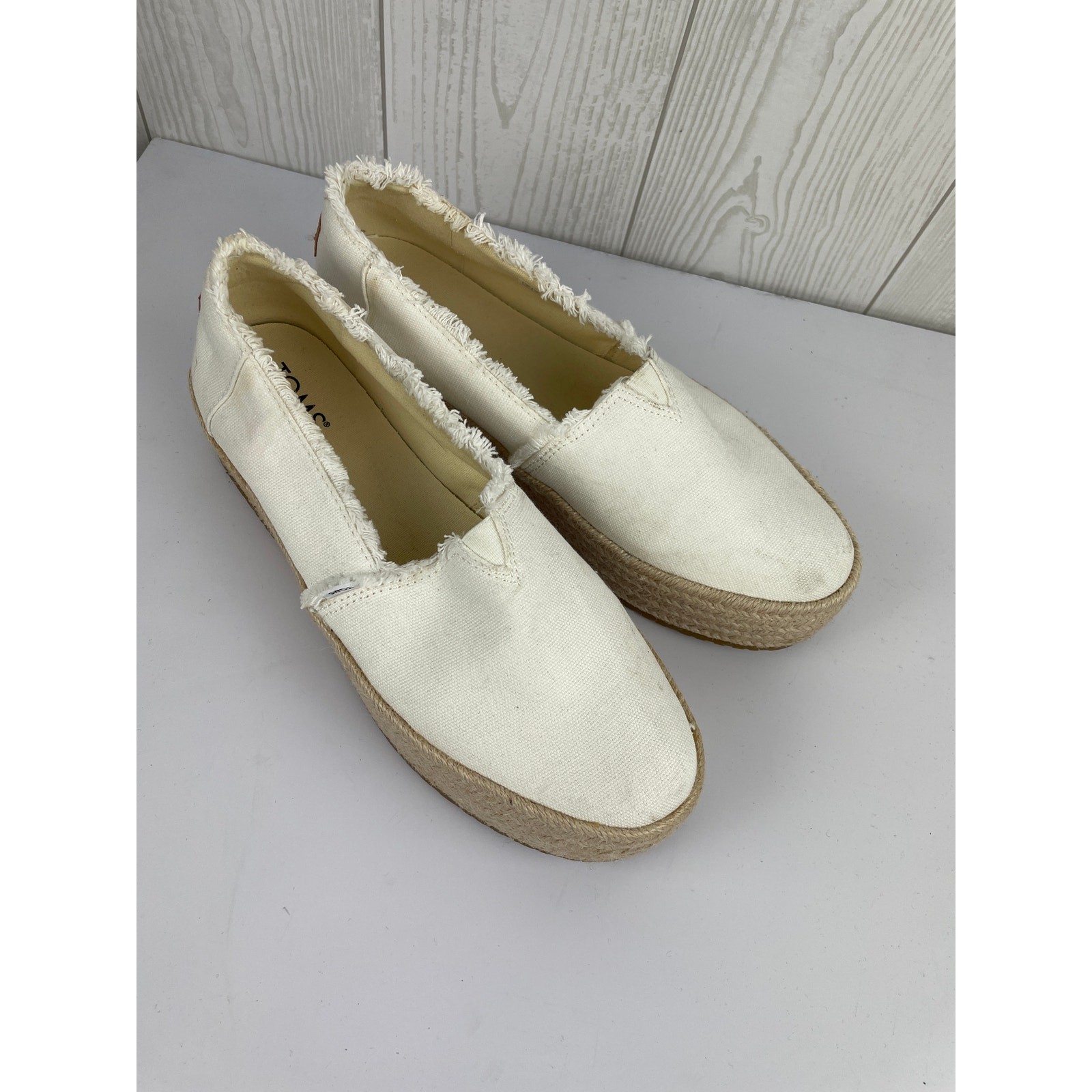 TOMS Valencia White Canvas Platform Espadrille Slip On Shoes Womens Size 8