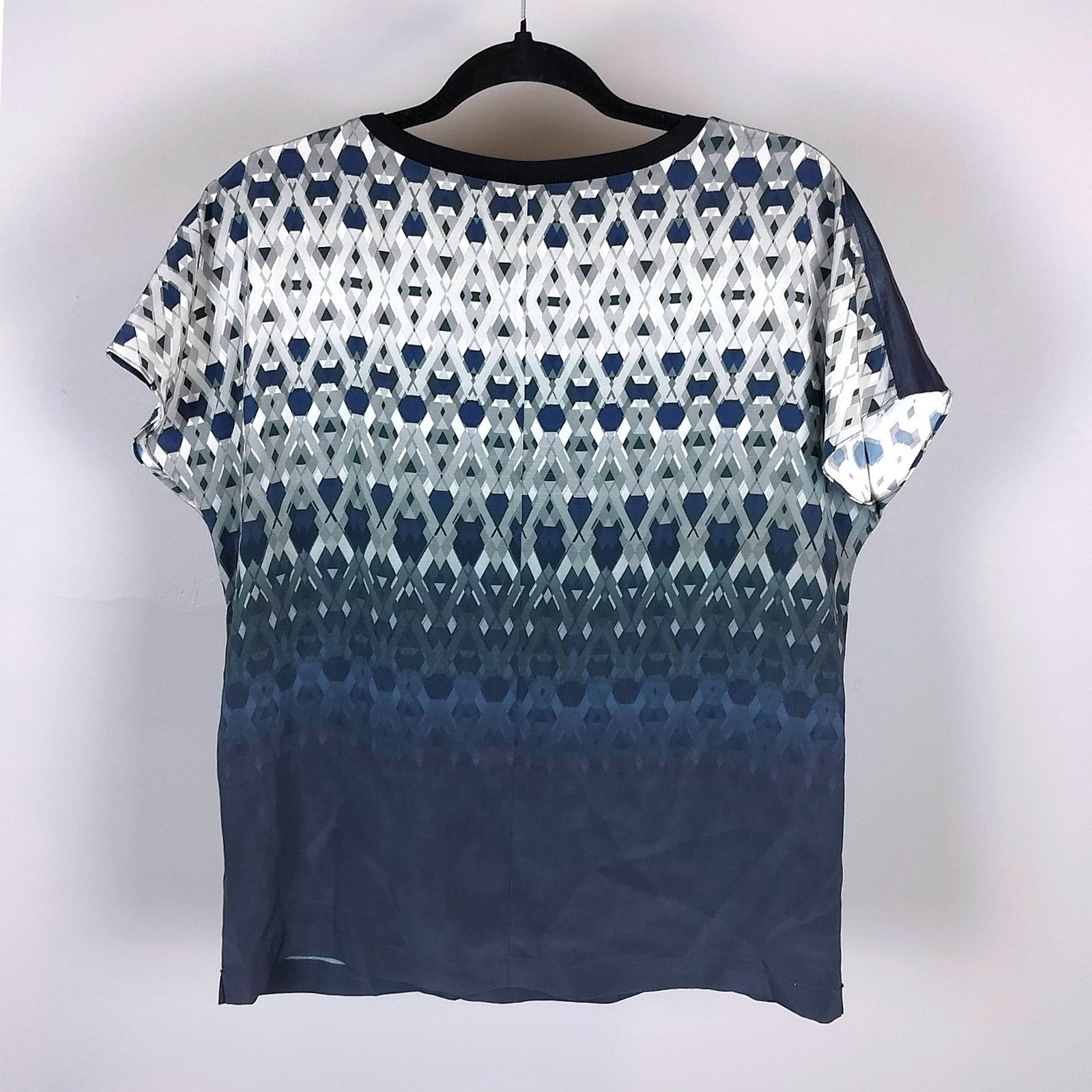 100% Silk Lamb Leather Accents Shoulder Geometric Blouse Navy Blue Elie Tahari