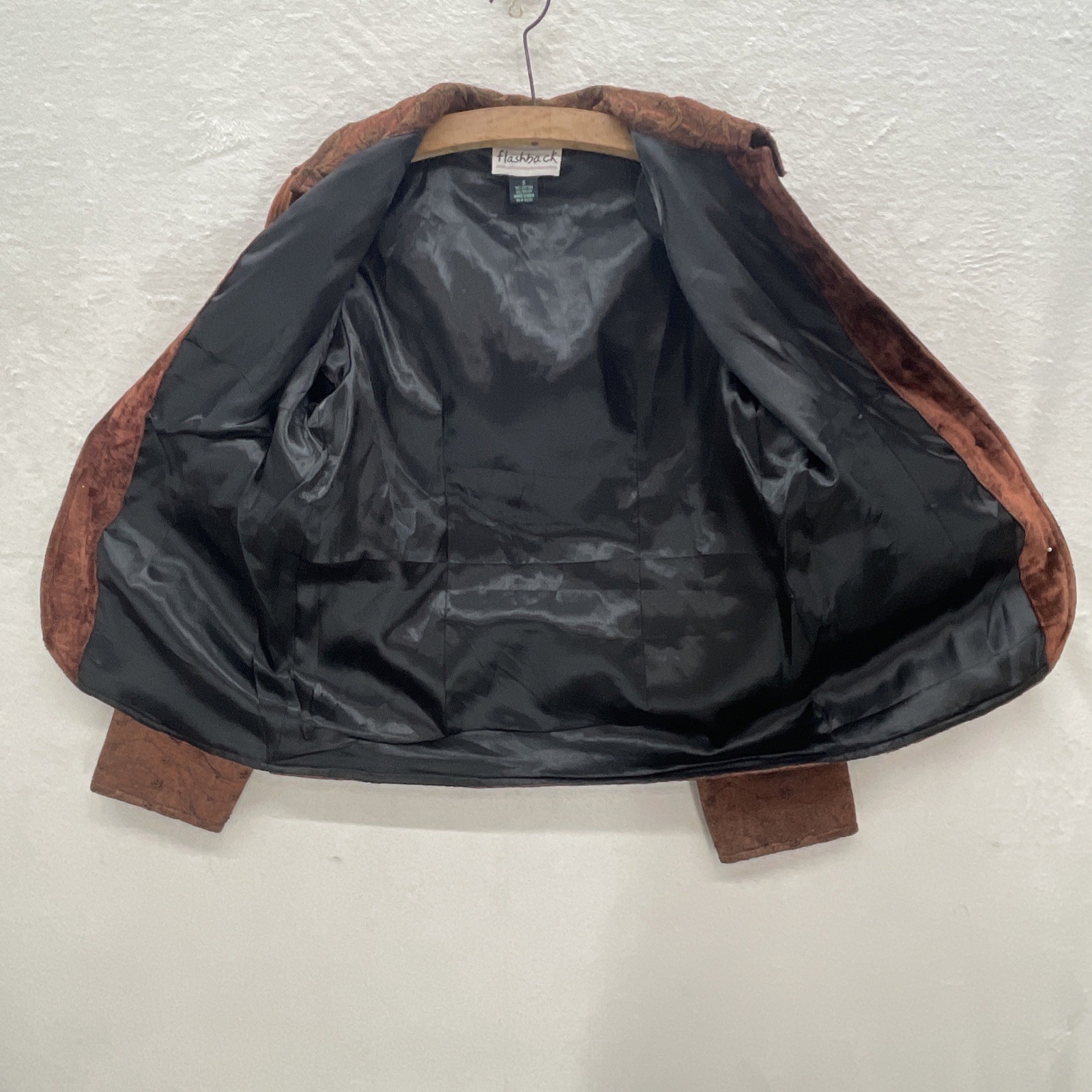 VTG FLASHBACK Brown Shabby Chic JACKET Crushed Velvet Peplum Boho Dark Goth Sz S