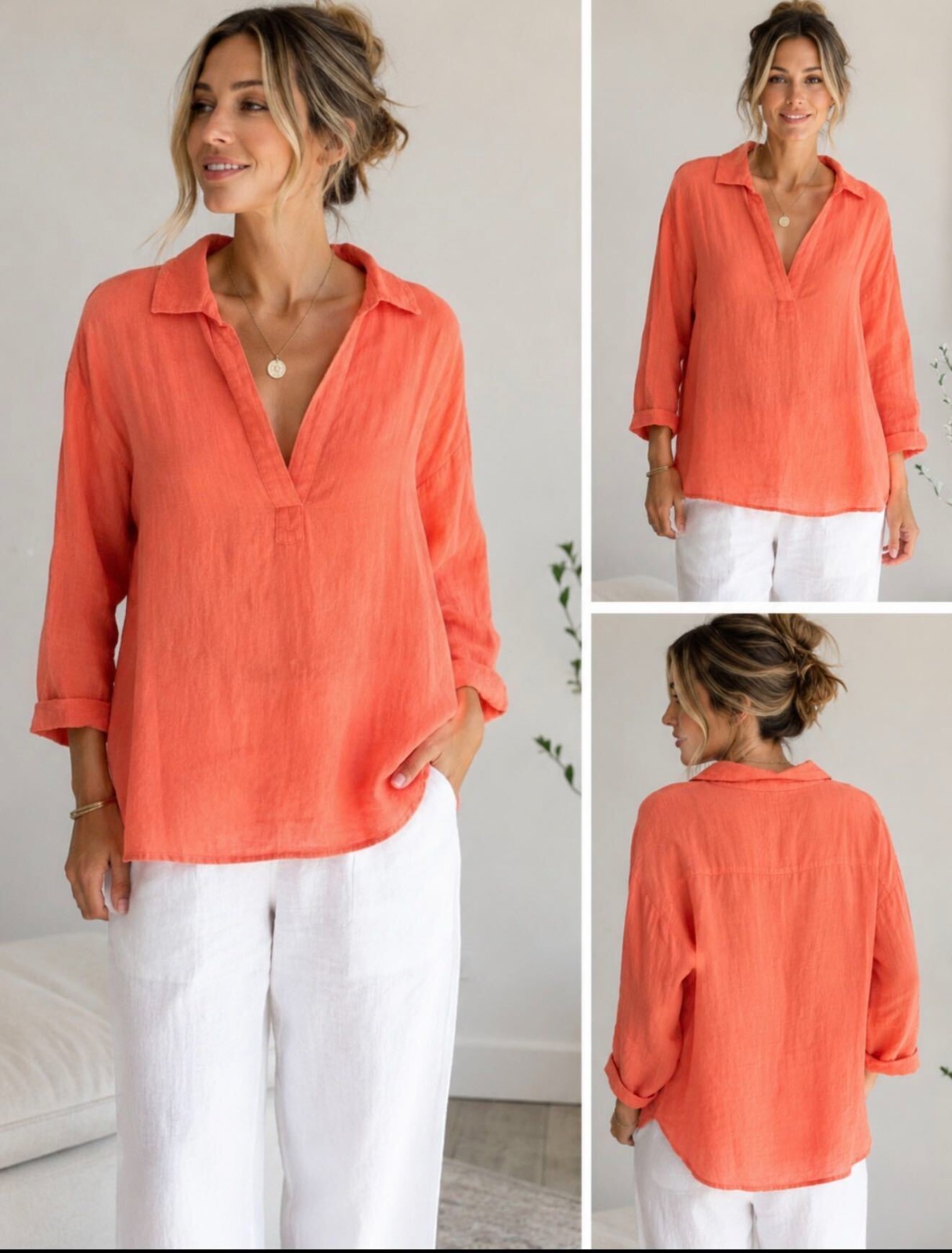CALYPSO St. Barth Women’s Sz 2X Linen Resort Blouse Tunic 3/4 Sleeves Coral NWT