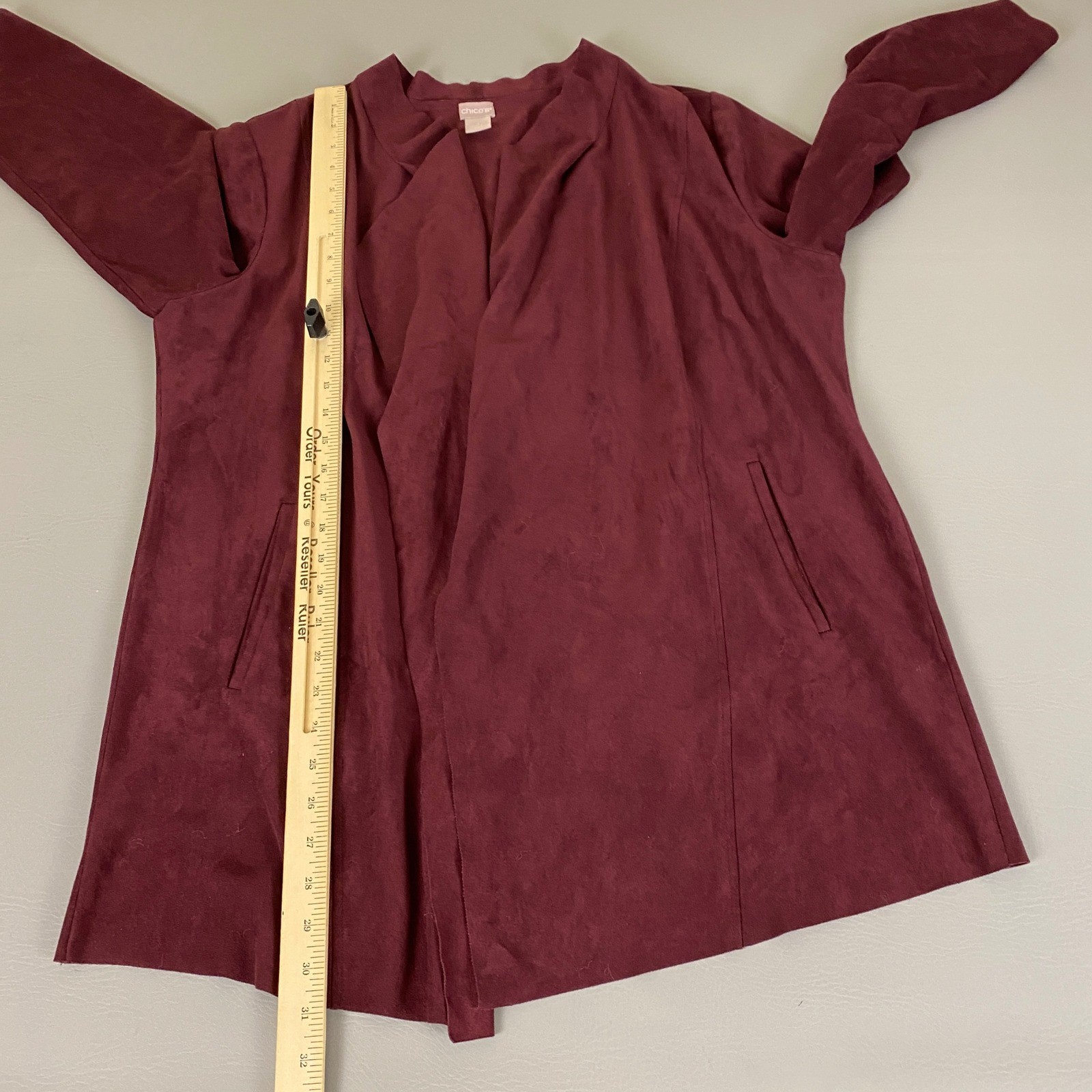 Chicos Cardigan Jacket Size 3 (US XL 16 18) Burgundy Faux Suede Open Front