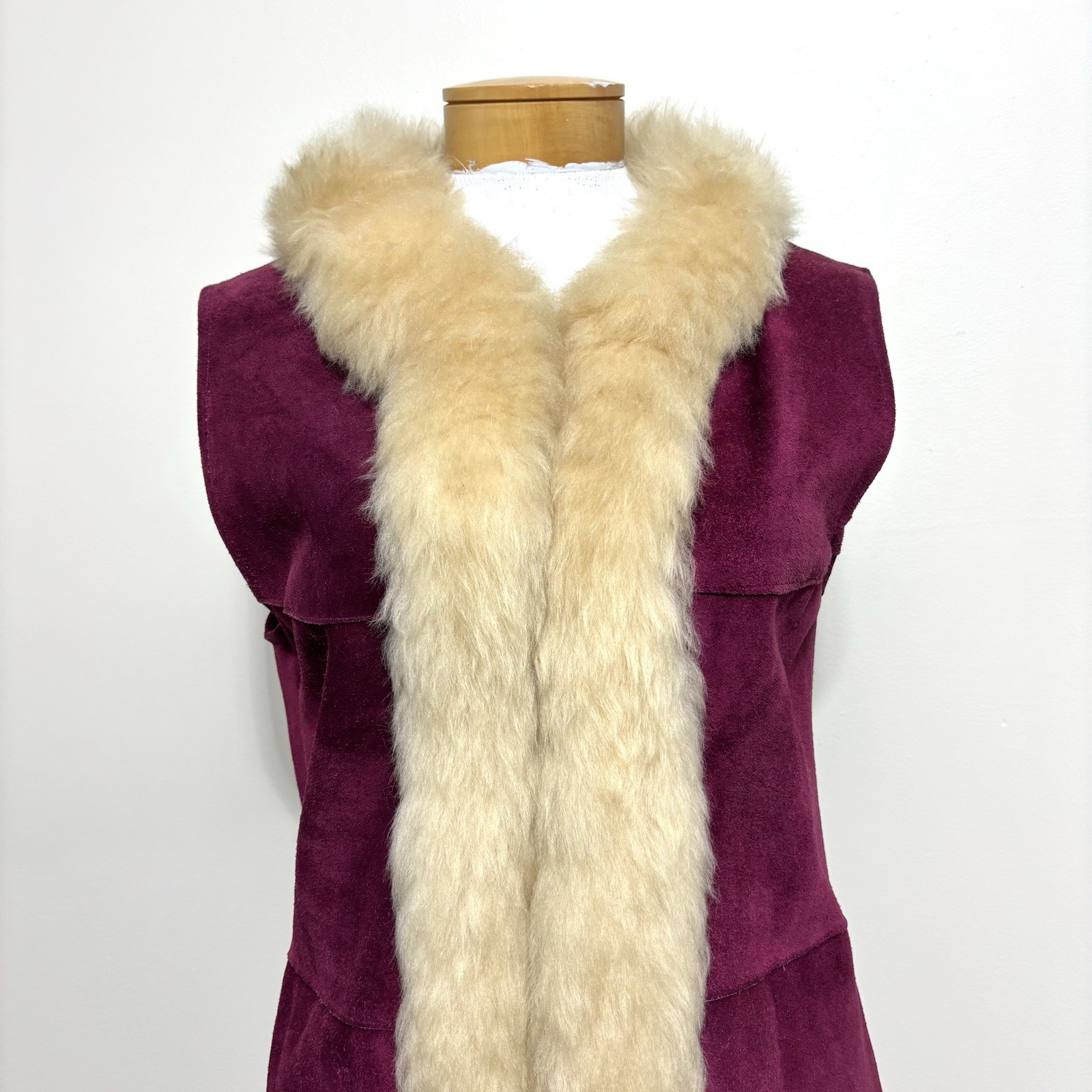 Vtg 60s 70s Penny Lane Burgundy Suede & Lamb Shearling Vest Hippie Afghan Coat S