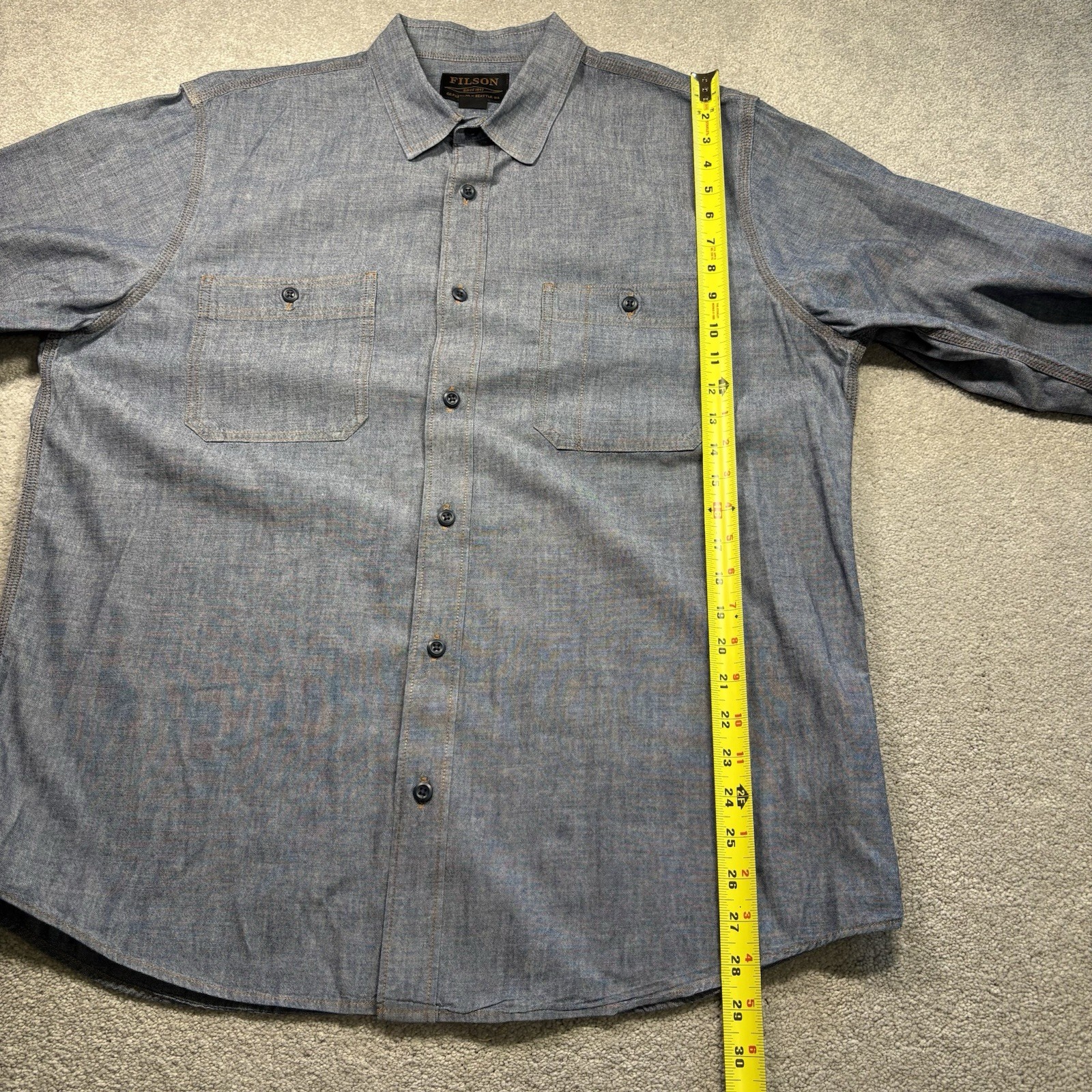 Filson Chambray CPO Shirt Denim Button Up Rinsed Indigo Men’s Size Large