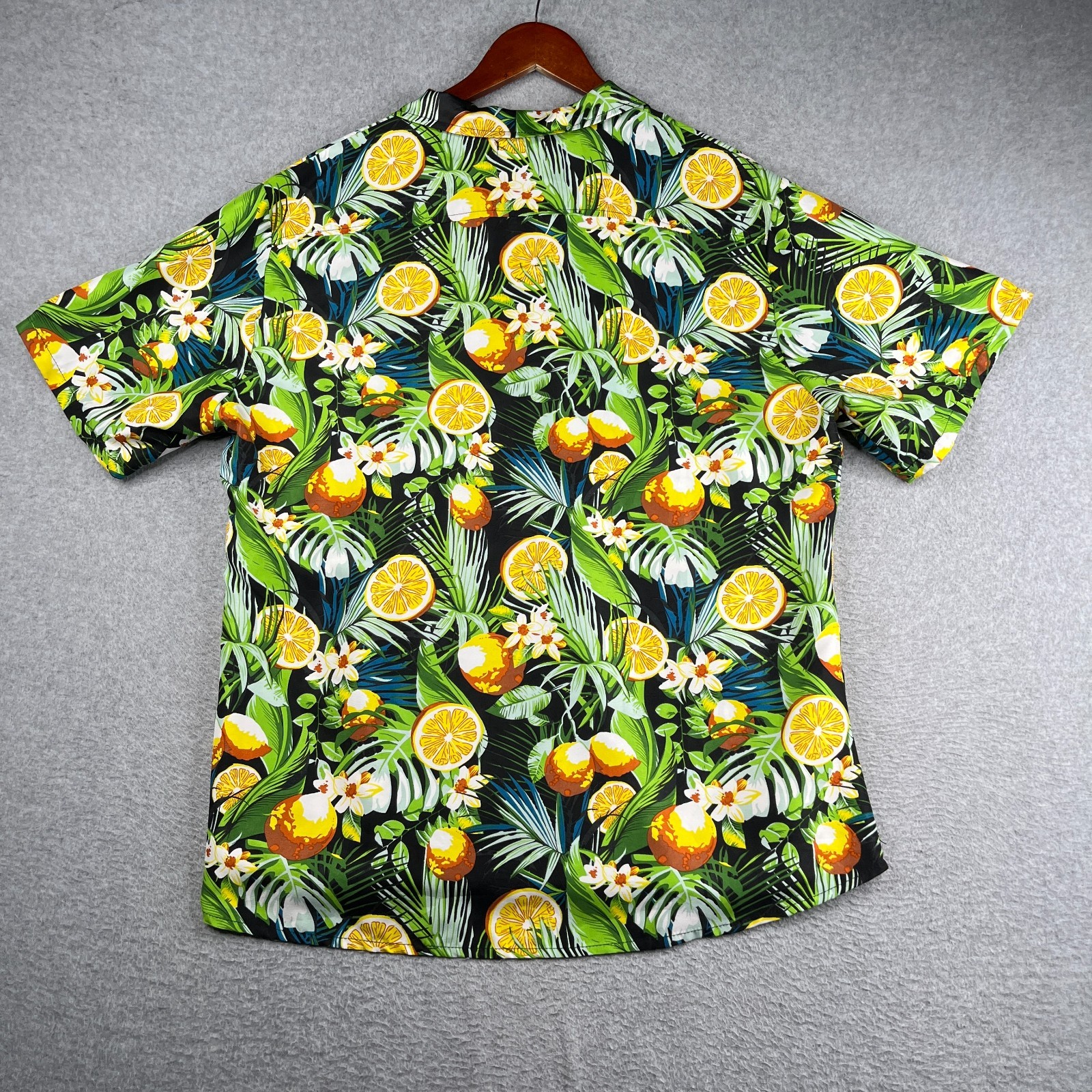 Barry Wang Tropical Lemon Print Floral Shirt XL Button Up Short Sleeve Mens XL