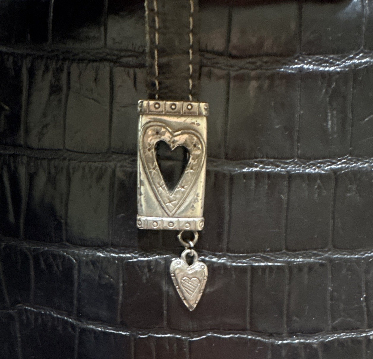 Brighton Black Croc Embossed Satchel Zip Double Handles Silver Heart Charm
