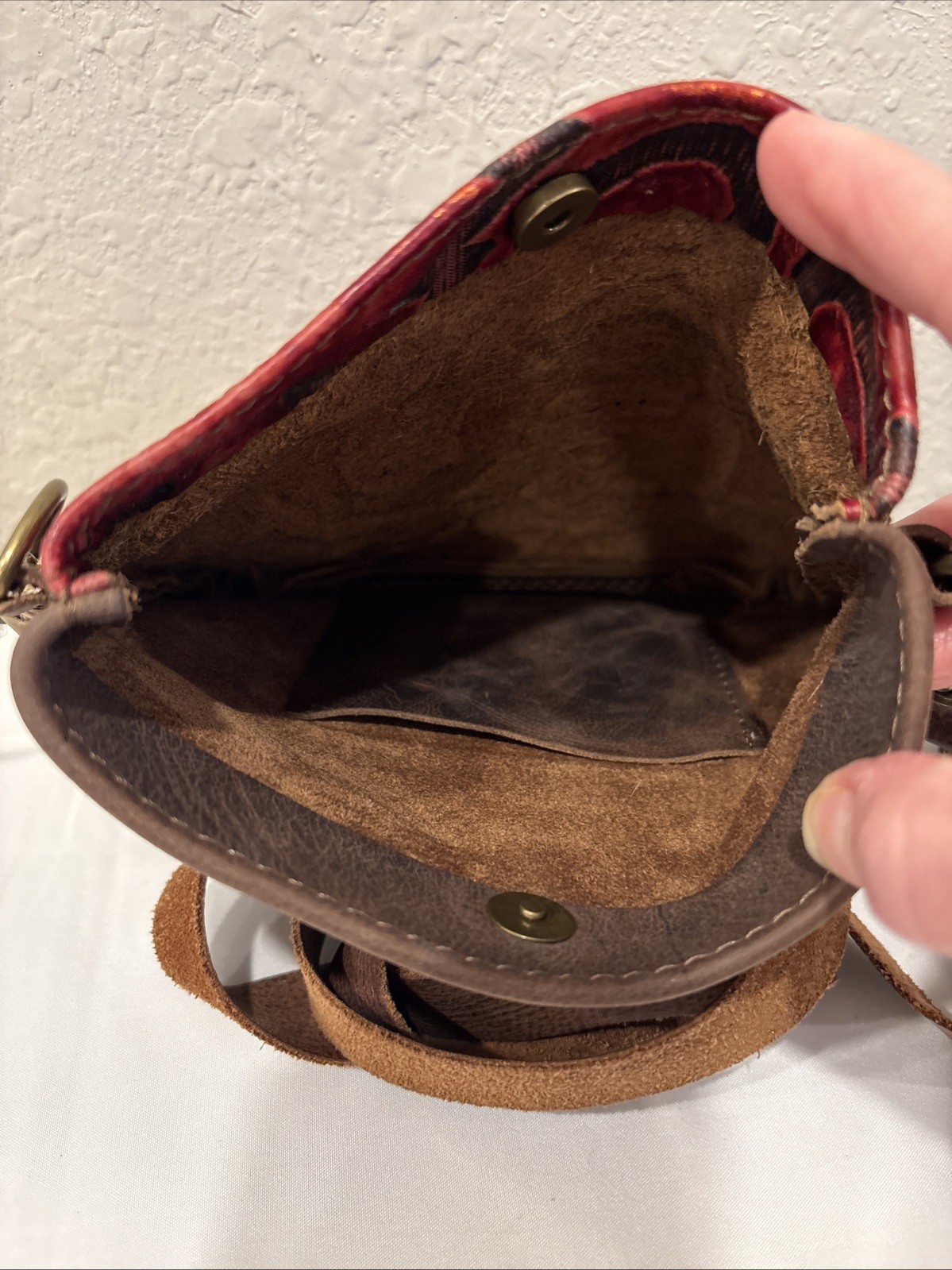 Red Embossed Leather Crossbody Bag With Adjustable Strap. 6.75Hx7.5L