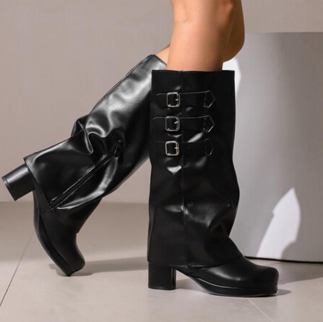 Women’s Block Heel Knee High Boots Knight Shoes Buckle Platform Side Zip Retro