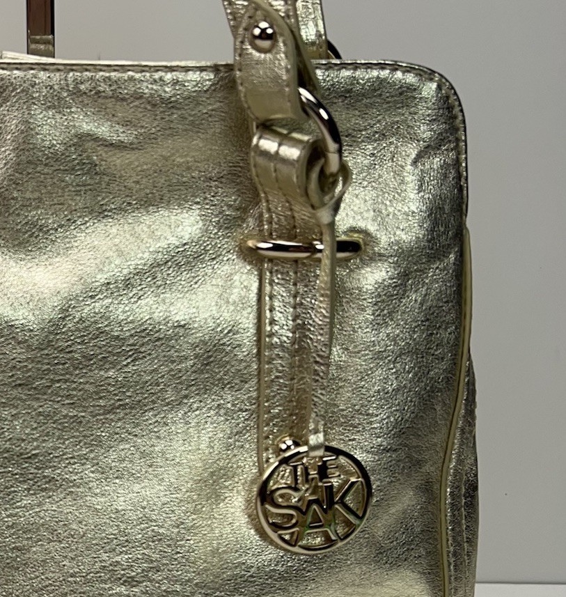 THE SAK Metallic Gold Leather Shoulder Purse Dividers Studded Hobo Handbag Bling