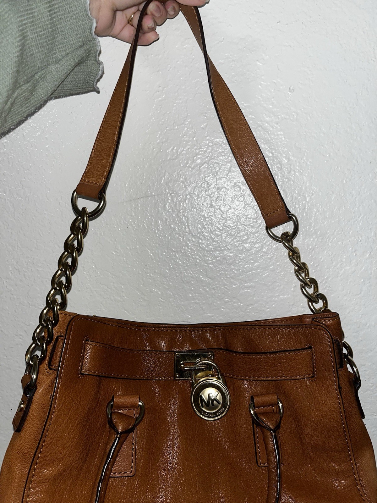 Michael Kors Brown Pebbled Satchel Top Handle Chain Padlock Snap Gold Hardware