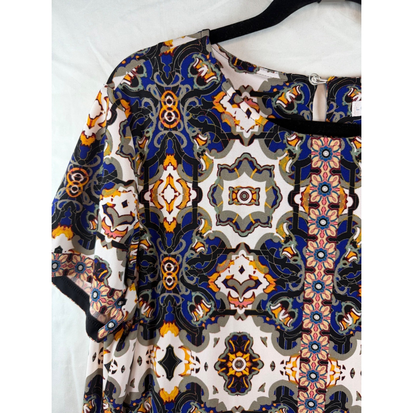London Times Blue Orange Geometric Tile Print Shift Dress Sz 18 Jersey boho