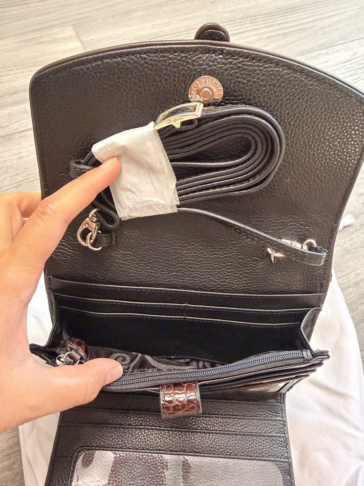 Brighton Nepal Organizer Black Brown Leather Purse Wallet Bag w/ Dust Bag