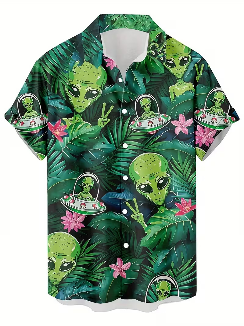 Casual Alien Print 3D Hawaiian Shirt – Adults & Youth