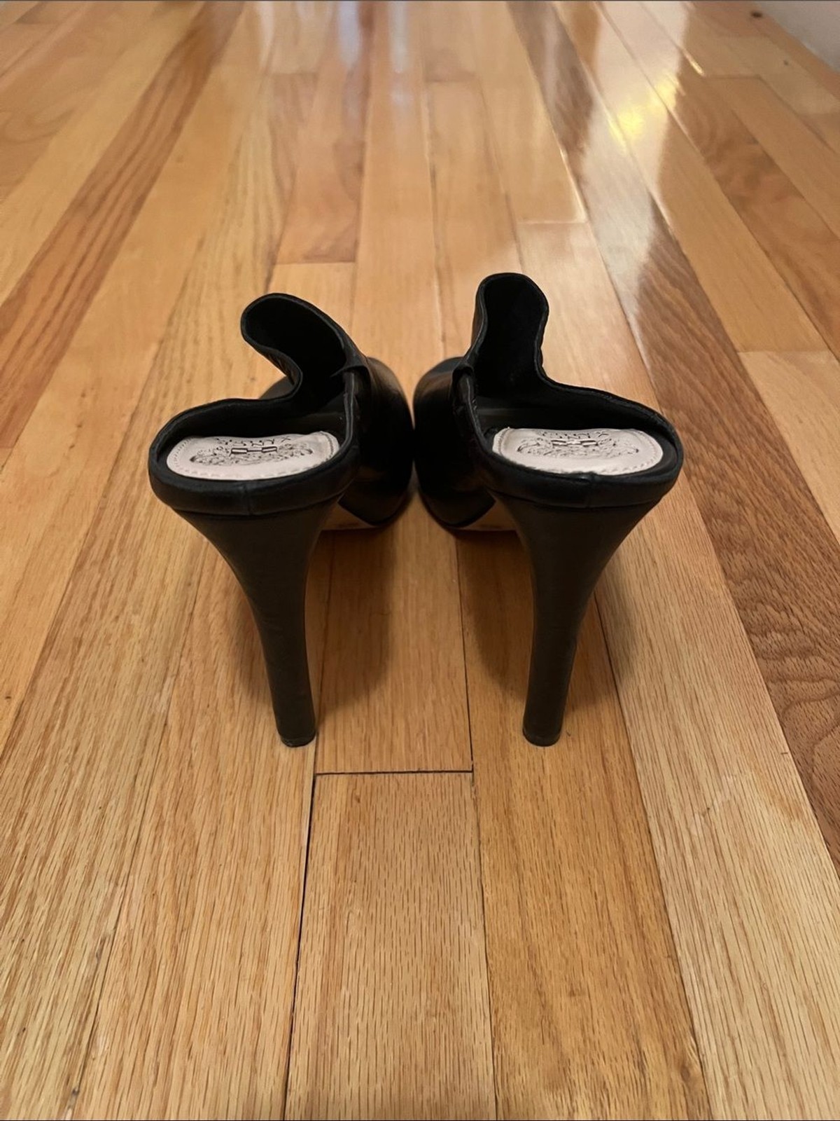 Vince Camuto Black Leather Peep-Toe Slip-On Mules